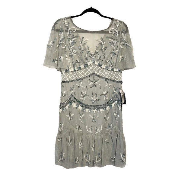 Adrianna Papell Women's Dress Beaded Ruffled‎ Sheer Flutter-Sleeve Boho Sage 6